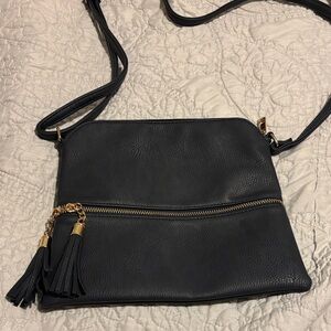 Navy blue Leather Crossbody Bag with Tassel
